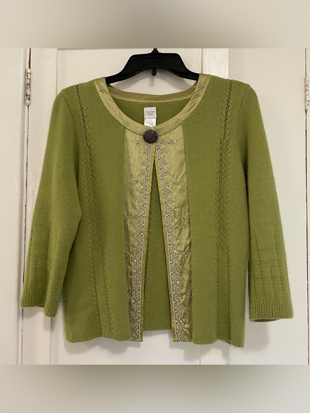 Garnet Hill Olive Green Embroidered Open-Front Cardigan medium